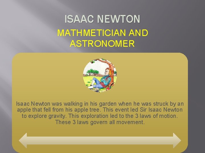 ISAAC NEWTON MATHMETICIAN AND ASTRONOMER Isaac Newton was walking in his garden when he