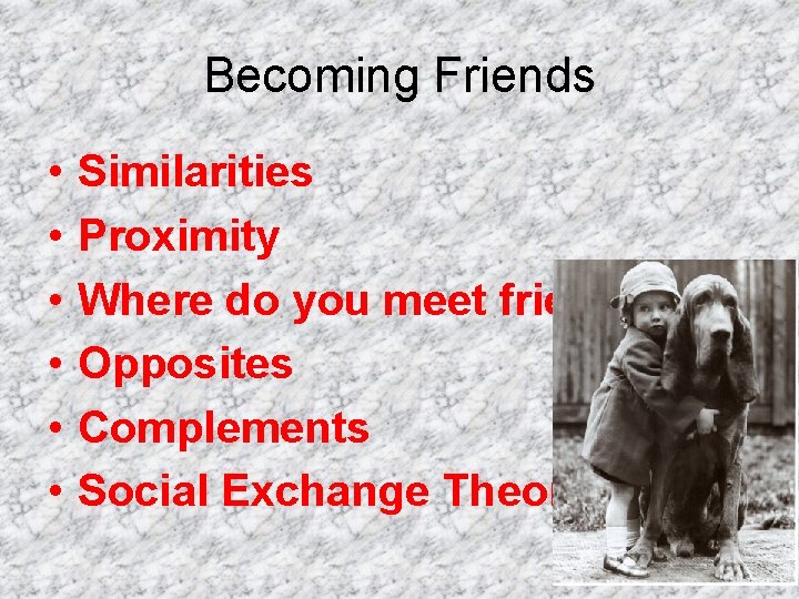 Becoming Friends • • • Similarities Proximity Where do you meet friends? Opposites Complements