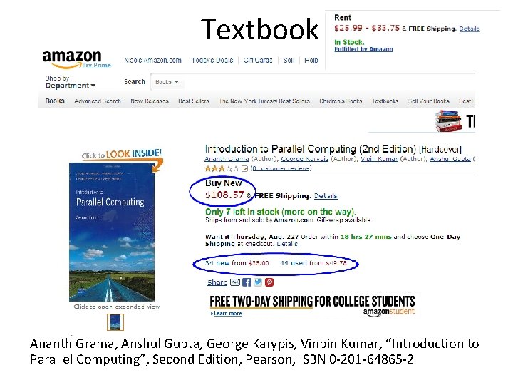 Textbook Ananth Grama, Anshul Gupta, George Karypis, Vinpin Kumar, “Introduction to Parallel Computing”, Second