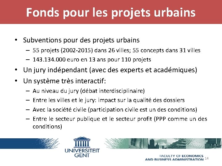 Fonds pour les projets urbains • Subventions pour des projets urbains – 55 projets