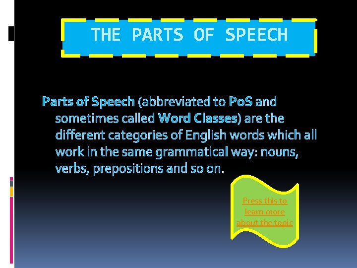 THE PARTS OF SPEECH Parts of Speech (abbreviated to Po. S and sometimes called