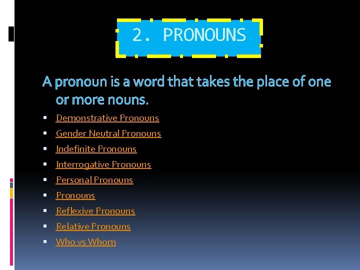 2. PRONOUNS A pronoun is a word that takes the place of one or
