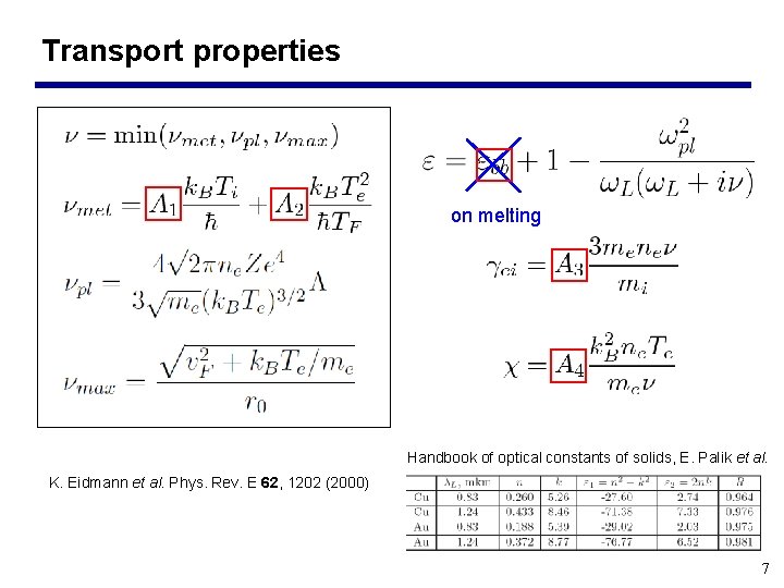 Transport properties on melting Handbook of optical constants of solids, E. Palik et al.