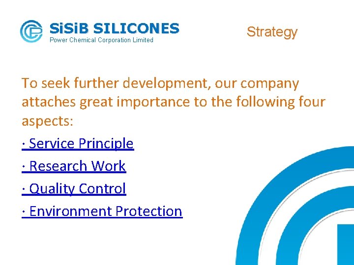 Si. B SILICONES Power Chemical Corporation Limited Strategy To seek further development, our company