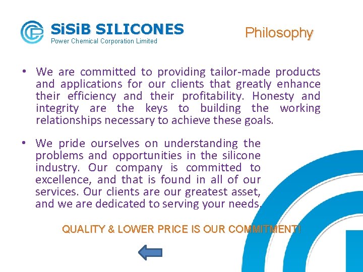 Si. B SILICONES Power Chemical Corporation Limited Philosophy • We are committed to providing