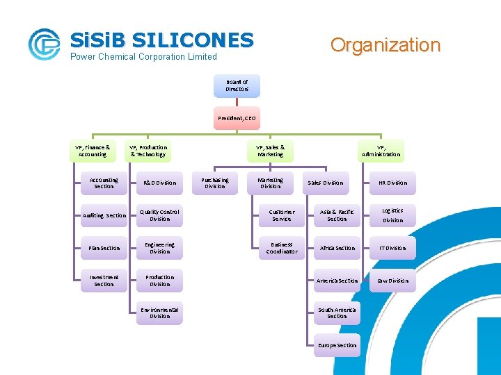 Si. B SILICONES Organization Power Chemical Corporation Limited Board of Directors President, CEO VP,