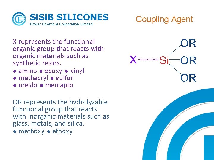 Si. B SILICONES Power Chemical Corporation Limited X represents the functional organic group that