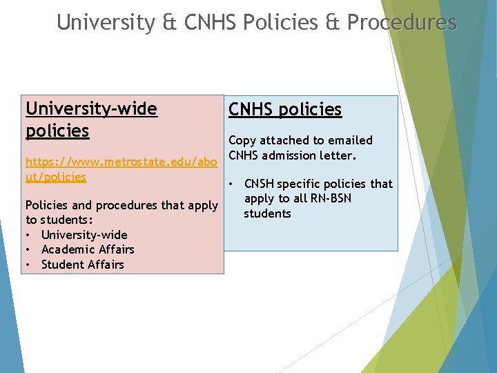 University & CNHS Policies & Procedures University-wide policies https: //www. metrostate. edu/abo ut/policies CNHS