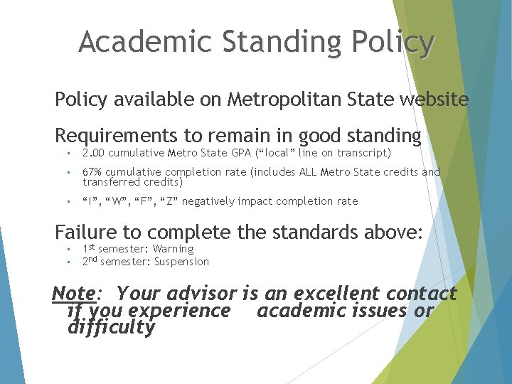 Academic Standing Policy available on Metropolitan State website Requirements to remain in good standing