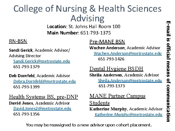 Location: St. Johns Hall Room 100 Main Number: 651 -793 -1375 RN-BSN Sandi Gerick,