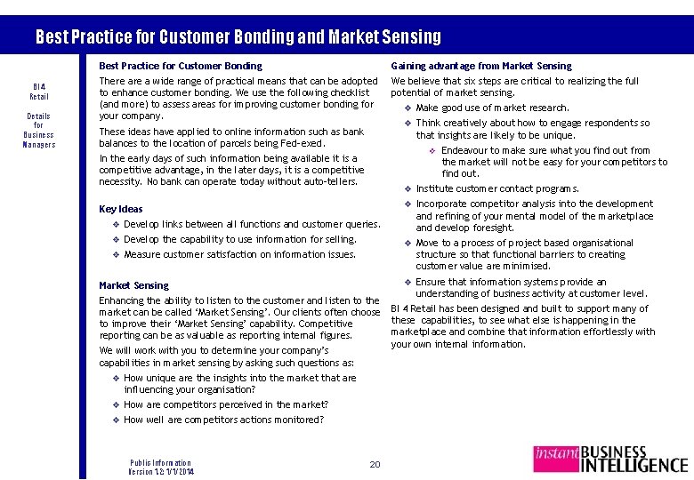 Best Practice for Customer Bonding and Market Sensing BI 4 Retail Details for Business