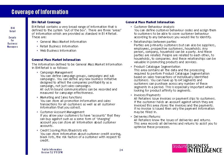 Coverage of Information BI 4 Retail Details for Business Managers BI 4 Retail Coverage