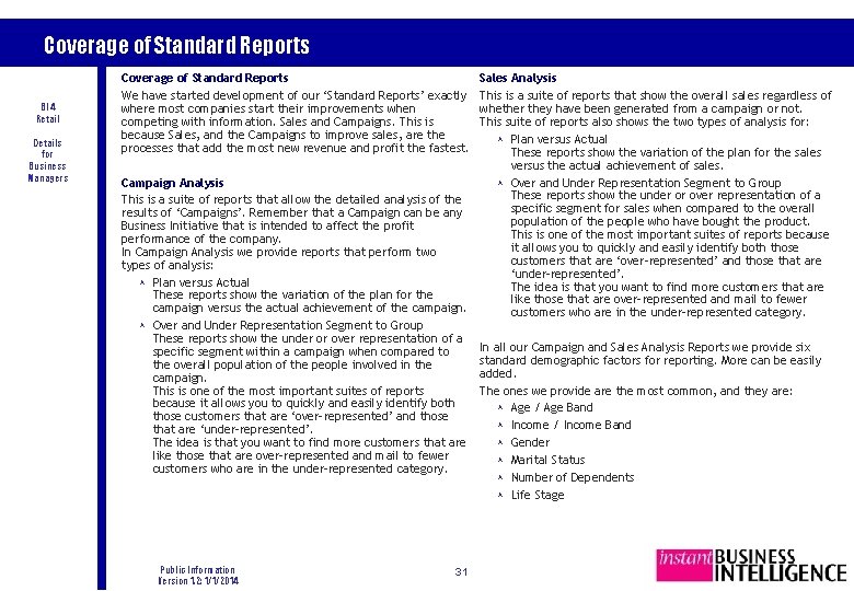 Coverage of Standard Reports BI 4 Retail Details for Business Managers Coverage of Standard