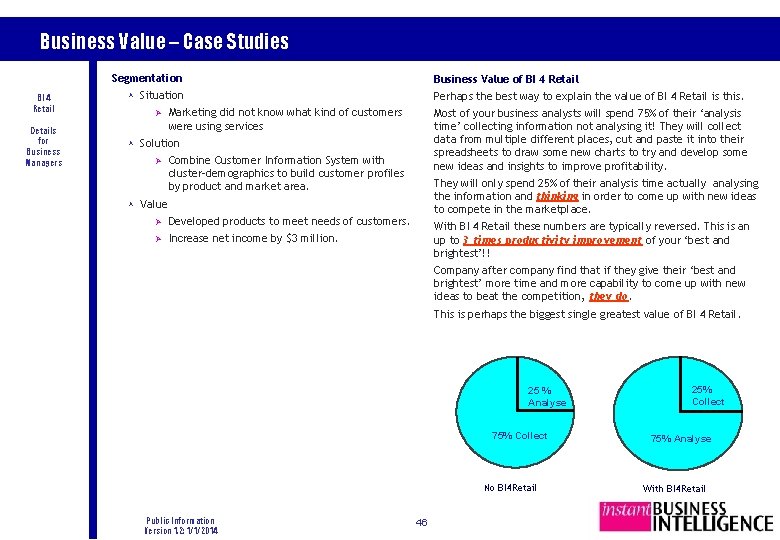 Business Value – Case Studies Segmentation BI 4 Retail Details for Business Managers Business