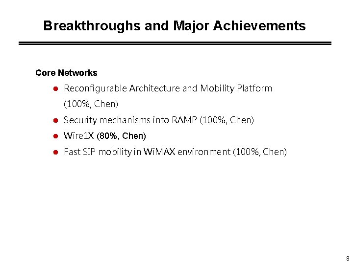 Breakthroughs and Major Achievements Core Networks l Reconfigurable Architecture and Mobility Platform (100%, Chen)