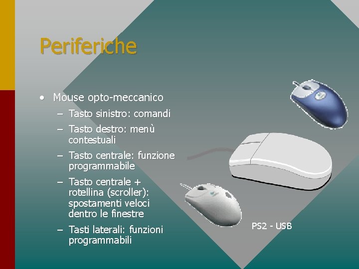 Periferiche • Mouse opto-meccanico – Tasto sinistro: comandi – Tasto destro: menù contestuali –