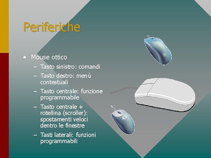 Periferiche • Mouse ottico – Tasto sinistro: comandi – Tasto destro: menù contestuali –