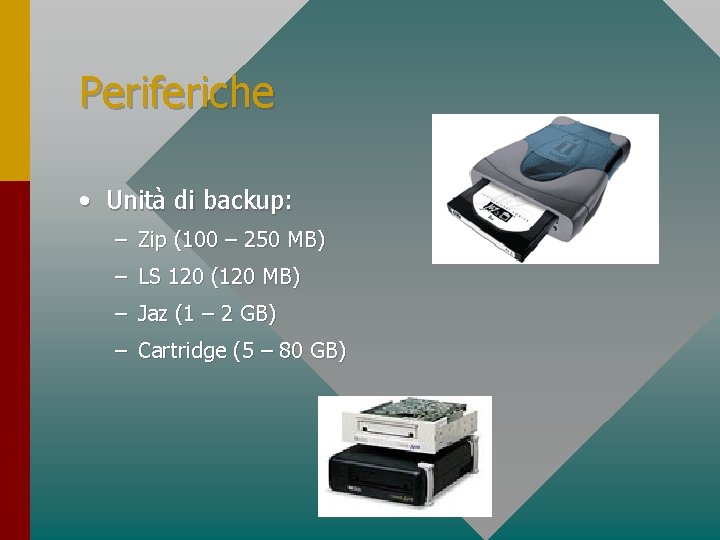 Periferiche • Unità di backup: – Zip (100 – 250 MB) – LS 120