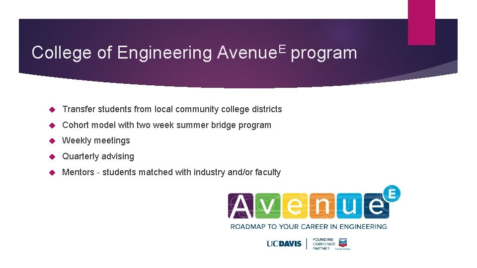 College of Engineering Avenue. E program Transfer students from local community college districts Cohort
