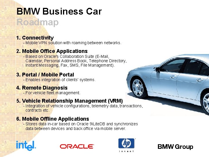 BMW Business Car Roadmap 1. Connectivity - Mobile VPN solution with roaming between networks.