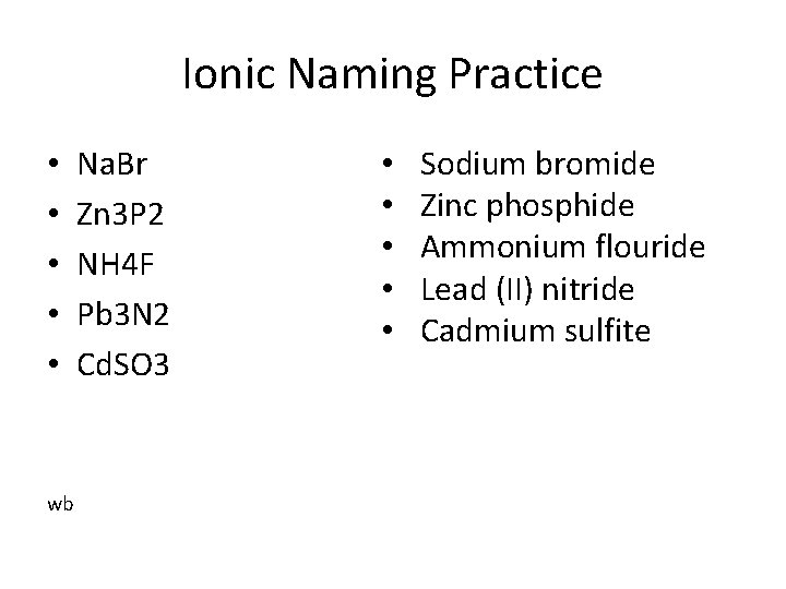 Ionic Naming Practice • • • wb Na. Br Zn 3 P 2 NH