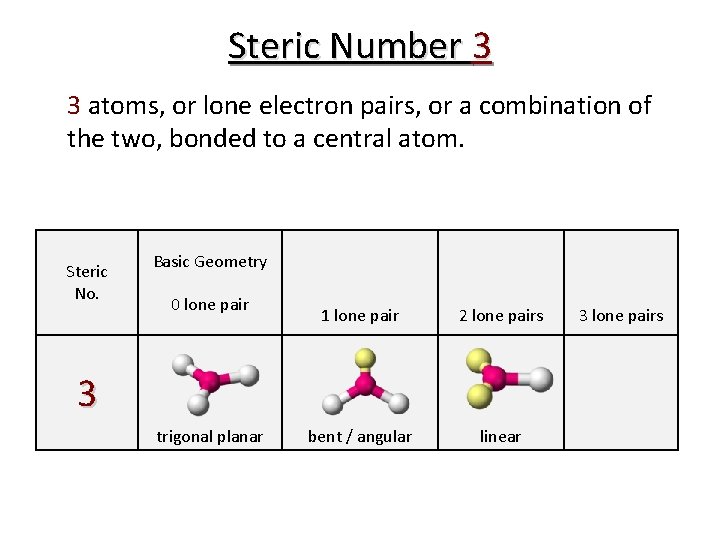 Steric Number 3 3 atoms, or lone electron pairs, or a combination of the
