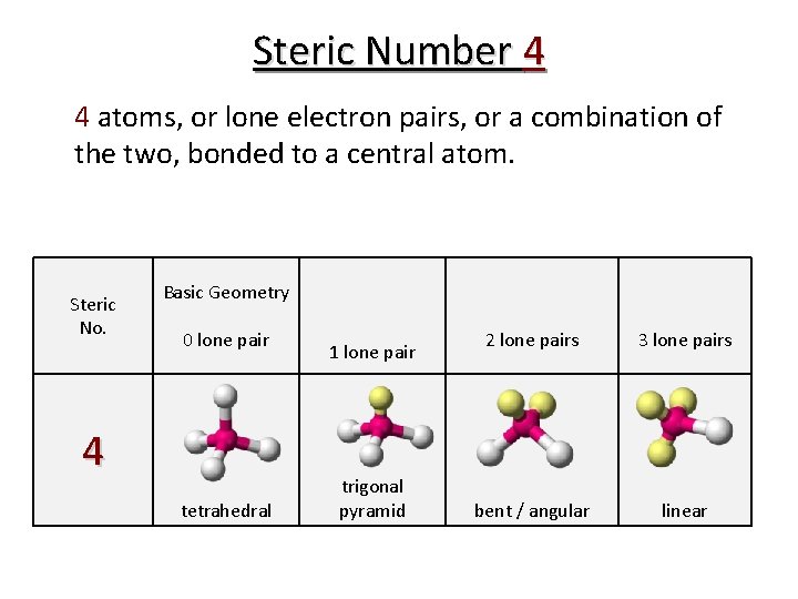 Steric Number 4 4 atoms, or lone electron pairs, or a combination of the