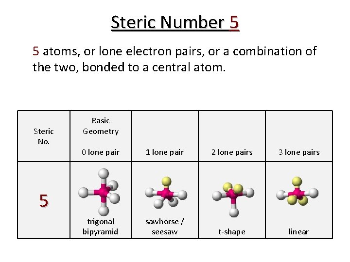 Steric Number 5 5 atoms, or lone electron pairs, or a combination of the