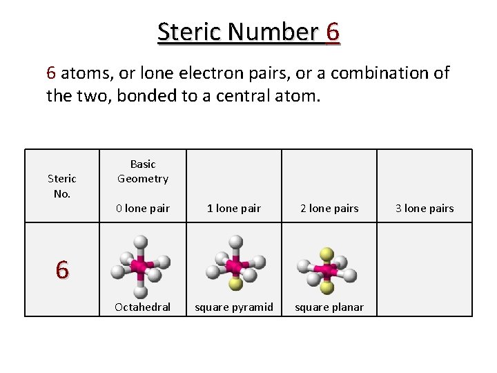 Steric Number 6 6 atoms, or lone electron pairs, or a combination of the