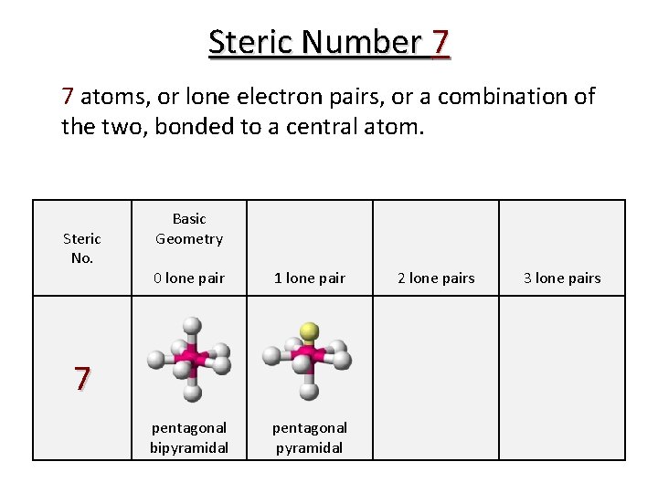 Steric Number 7 7 atoms, or lone electron pairs, or a combination of the