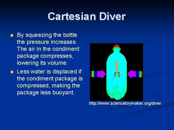 Cartesian Diver n n By squeezing the bottle the pressure increases. The air in