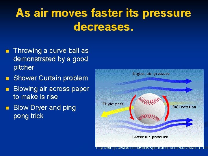 As air moves faster its pressure decreases. n n Throwing a curve ball as