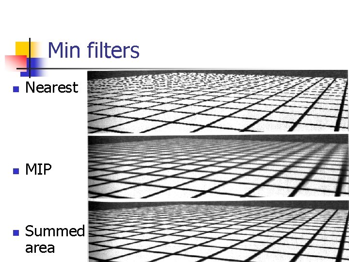 Min filters n Nearest n MIP n Summed area 