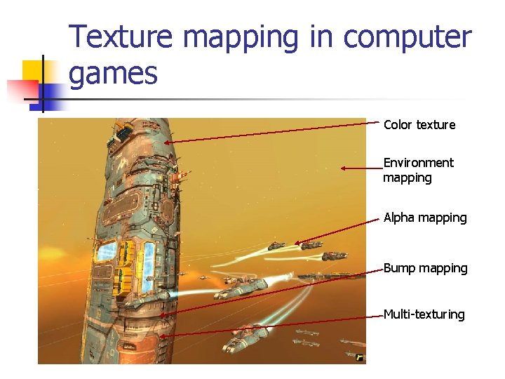 Texture mapping in computer games Color texture Environment mapping Alpha mapping Bump mapping Multi-texturing