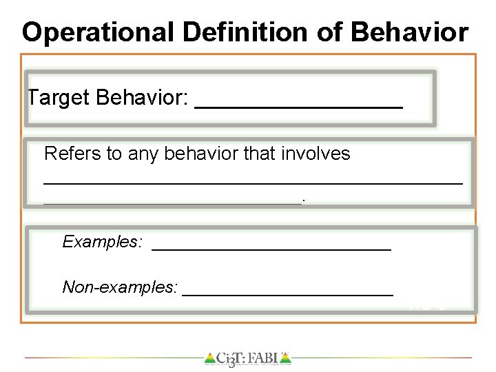 Operational Definition of Behavior Target Behavior: _________ Refers to any behavior that involves ____________________.