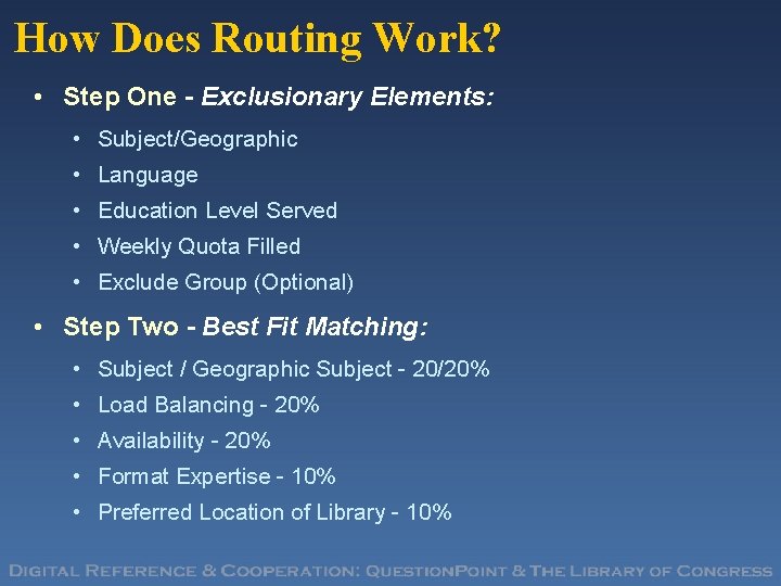 How Does Routing Work? • Step One - Exclusionary Elements: • Subject/Geographic • Language