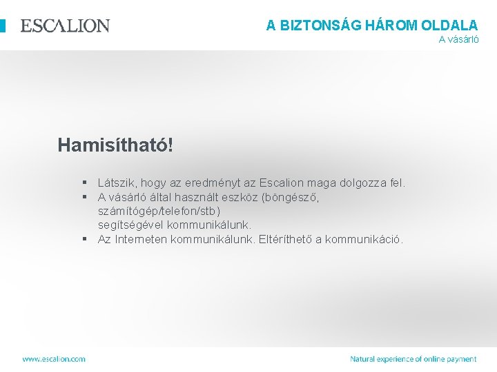 A BIZTONSÁG HÁROM OLDALA A vásárló Hamisítható! § Látszik, hogy az eredményt az Escalion