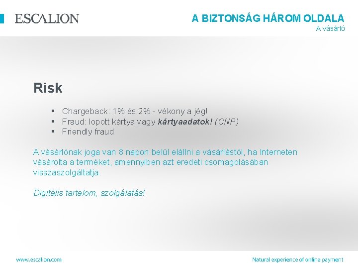 A BIZTONSÁG HÁROM OLDALA A vásárló Risk § Chargeback: 1% és 2% - vékony