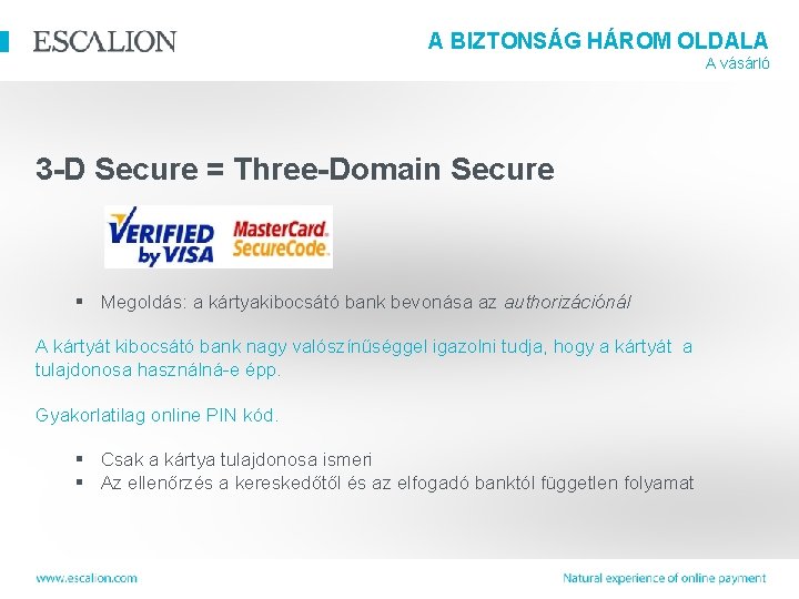 A BIZTONSÁG HÁROM OLDALA A vásárló 3 -D Secure = Three-Domain Secure § Megoldás: