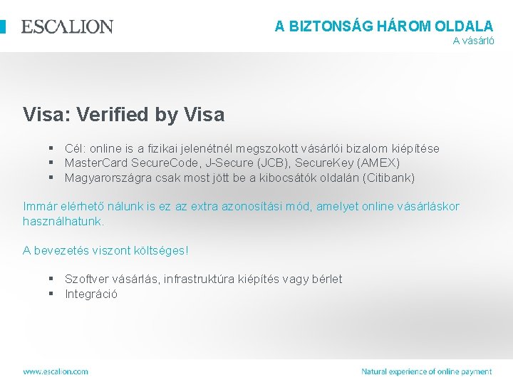 A BIZTONSÁG HÁROM OLDALA A vásárló Visa: Verified by Visa § Cél: online is