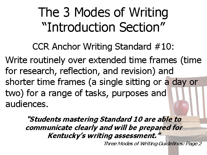 The 3 Modes of Writing “Introduction Section” CCR Anchor Writing Standard #10: Write routinely