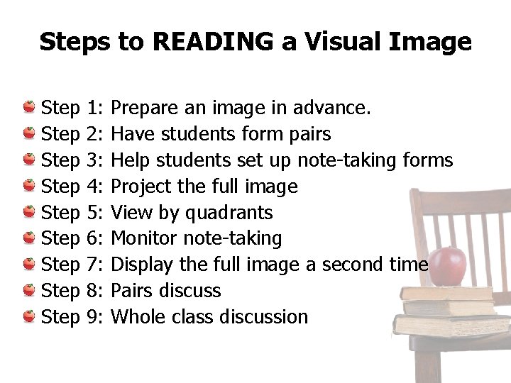 Steps to READING a Visual Image Step 1: Prepare an image in advance. Step