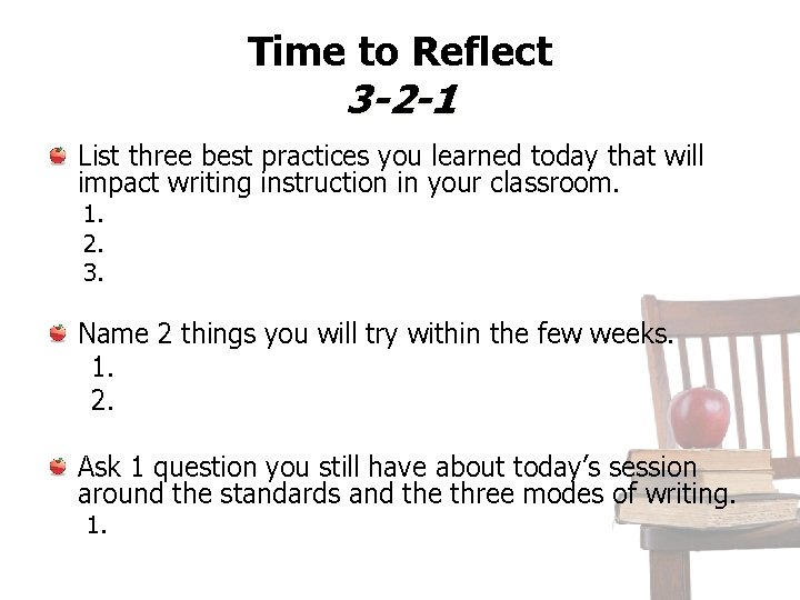 Time to Reflect 3 -2 -1 List three best practices you learned today that