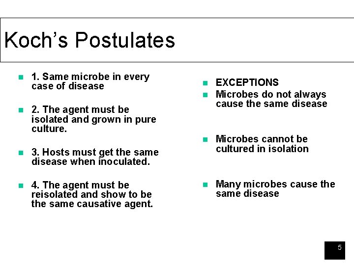 Koch’s Postulates n 1. Same microbe in every case of disease n 2. The
