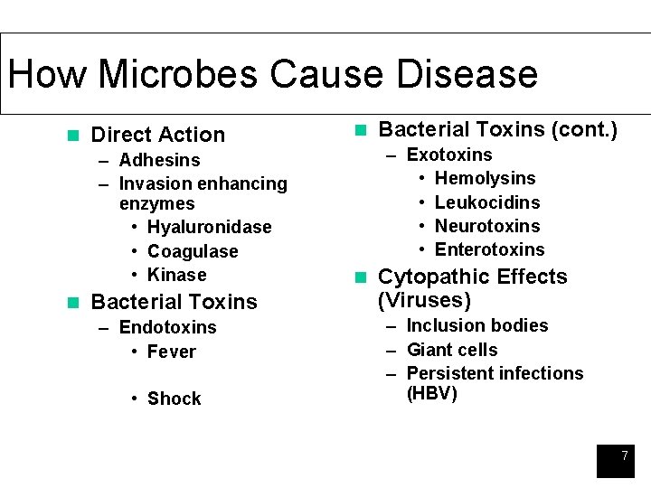 How Microbes Cause Disease n Direct Action – Adhesins – Invasion enhancing enzymes •
