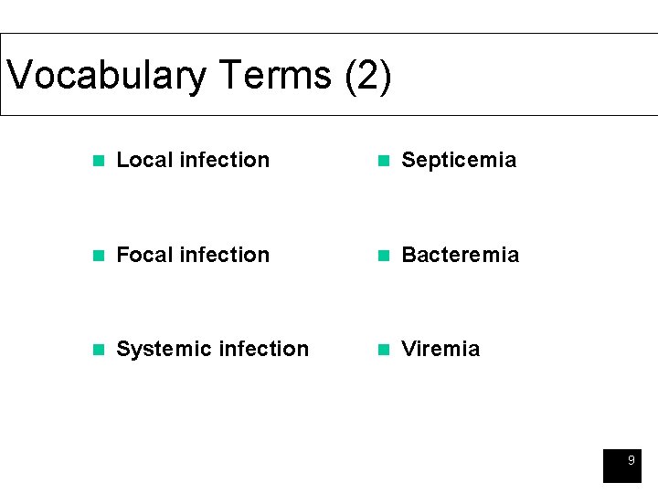 Vocabulary Terms (2) n Local infection n Septicemia n Focal infection n Bacteremia n