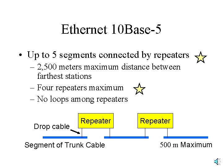 Ethernet 10 Base-5 • Up to 5 segments connected by repeaters – 2, 500