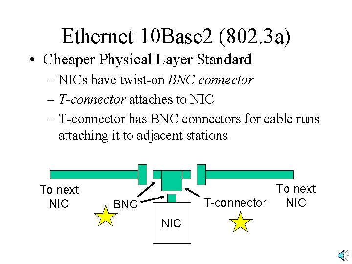 Ethernet 10 Base 2 (802. 3 a) • Cheaper Physical Layer Standard – NICs