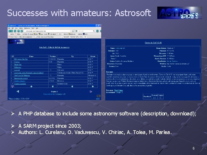 Successes with amateurs: Astrosoft Ø A PHP database to include some astronomy software (description,