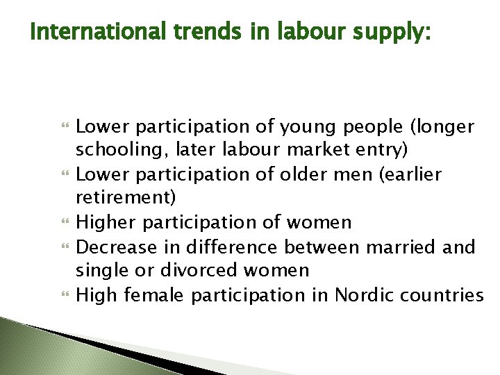 International trends in labour supply: Lower participation of young people (longer schooling, later labour